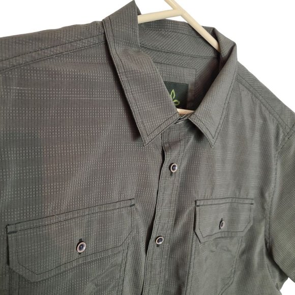 Prana Mens M Green Striped Short Sleeves Button Up Shirt Pockets Casual Collared - Picture 5 of 7